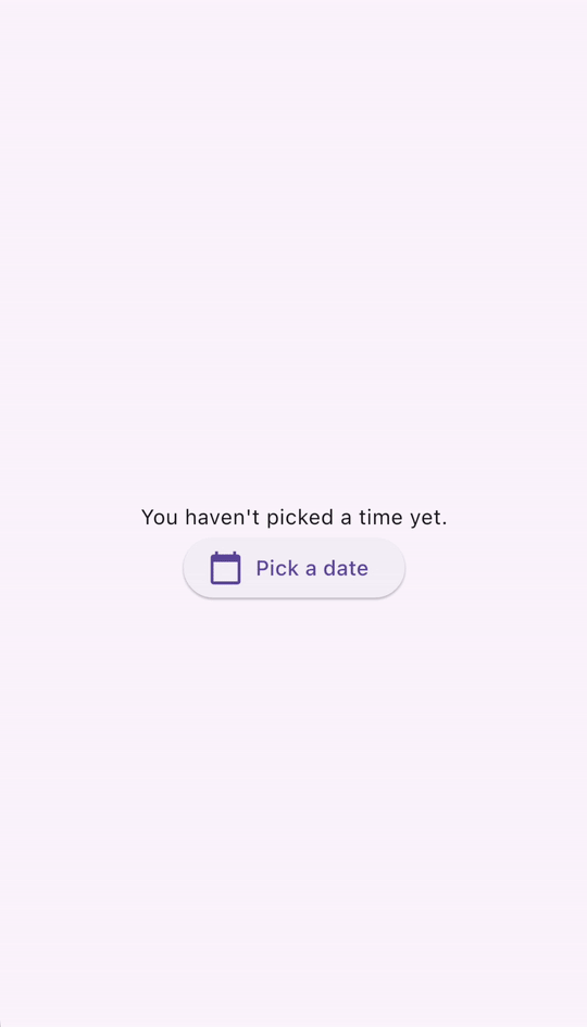 A GIF of a pointer clicking a button that says "Pick a time", then shows
a time picker. The time picker shows a circular clock as the cursor moves the
hour hand, then minute hand, selects PM, then the "OK" button is clicked.