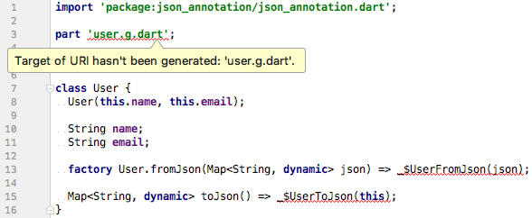 IDE warning when the generated code for a model class does not exist yet.